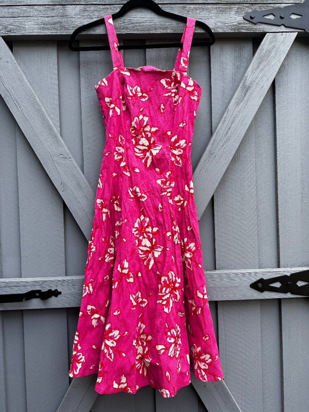 Vintage 2000s Pink Floral Viscose Fit & Flare Midi Dress Size Small (EU 38)